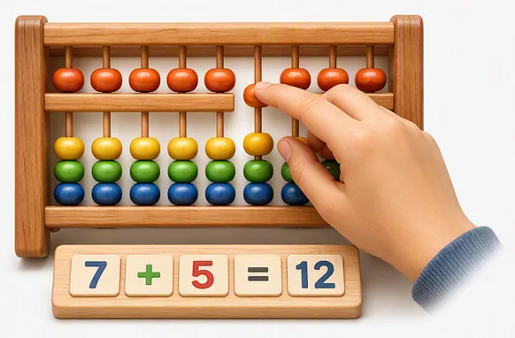 Mano de un niño moviendo cuentas en un ábaco de madera sobre fichas con 7 + 5 = 12