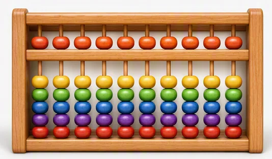 Ábaco de madera de diez varillas, con una cuenta sobre el divisor y cuentas de colores debajo en cada varilla