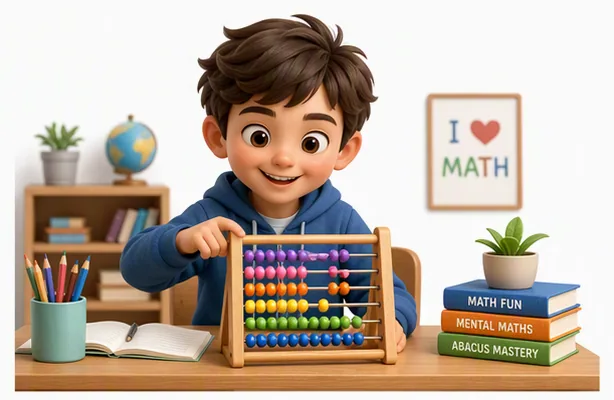 Niño sonriente en su escritorio moviendo las cuentas de un ábaco de colores, con libros y lápices cerca