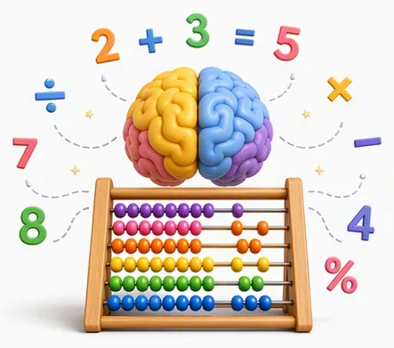 Ilustración de un cerebro de colores sobre un ábaco, rodeado de números y signos matemáticos