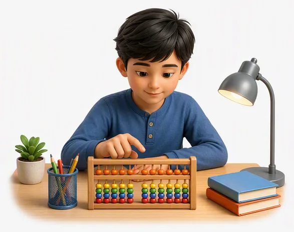 Estudiante en su escritorio practicando cuentas con un ábaco pequeño, junto a una lámpara, libros y un lapicero